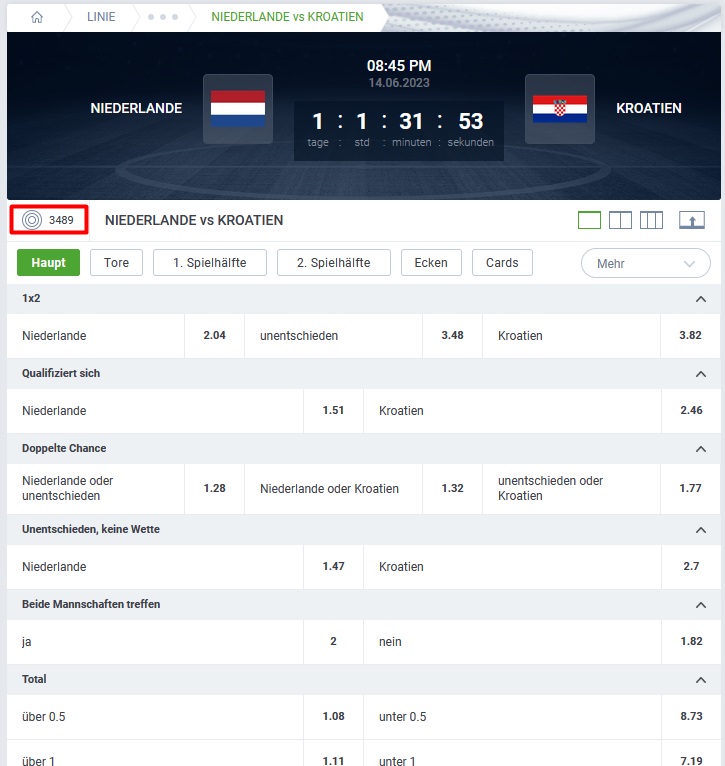 Ein Beispiel für eine Fußballwette mit über 900 Wettoptionen
